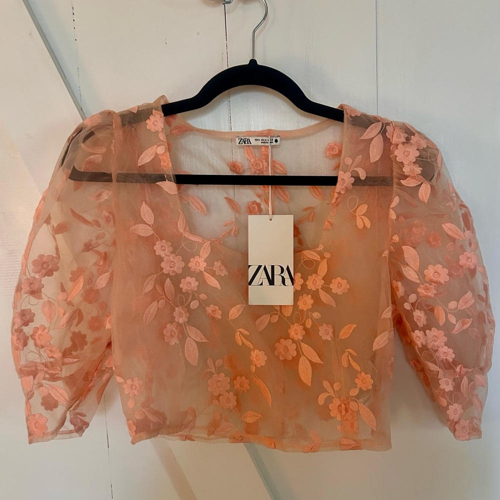 Zara Women's Floral Sheer Crop Top - Peach NWT